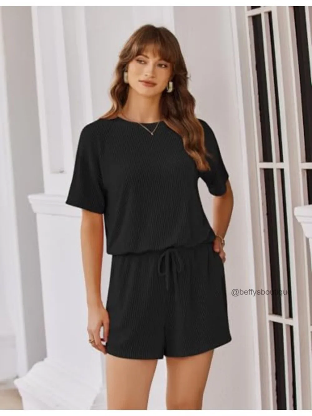 Ribbed Casual Loose Short Sleeve Shorts Jumpsuit with Pockets Beach Vacation